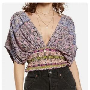 Free People Women's Black Combo Next Vacation Cropped Blouse Top - Small